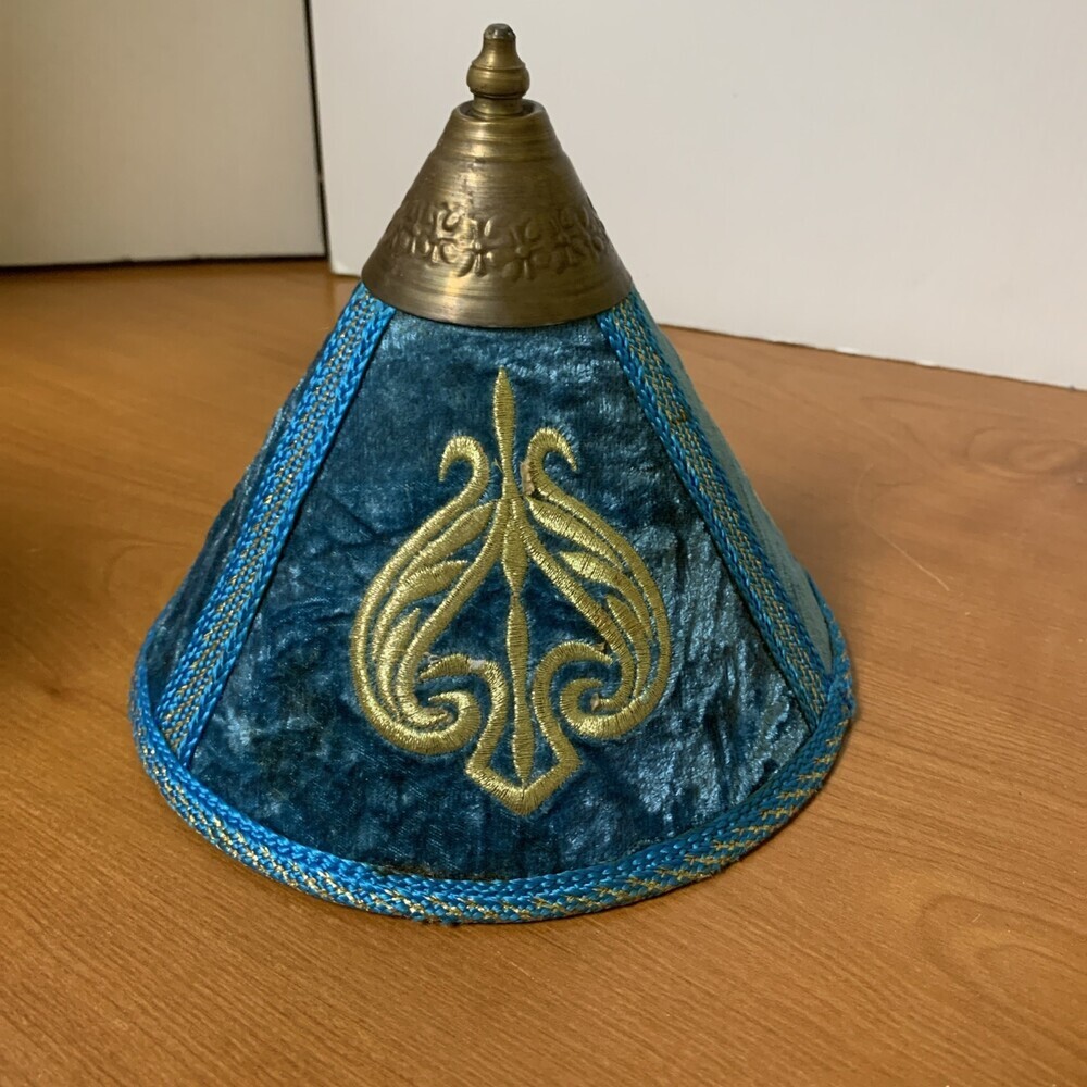 Moroccan Style Tagine  Blue/Gold Vintage Rich Embroidered Velvet 7”x7” Copper